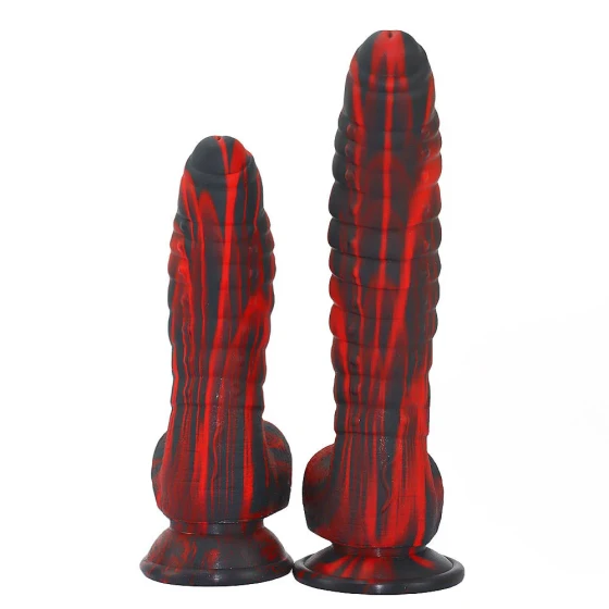 Black and red mixed-color silicone dildo with caterpillar scales, unique-shaped artificial penis, female anal plug, and masturbator